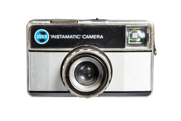Retro film photo camera isolated on white background.