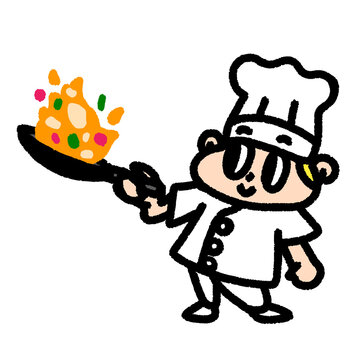 chef cooking fried food , cute cartoon isolated , graphic design for presentation, marketing, art, illustration, t-shirt design, cartoon, comic, advertising, online media