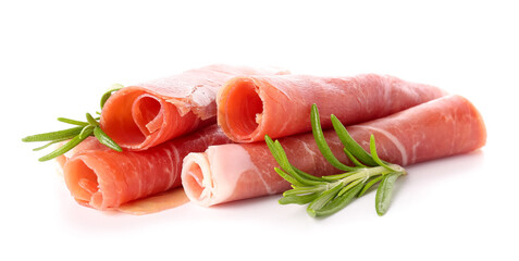 Rolled slices of tasty ham and rosemary on white background