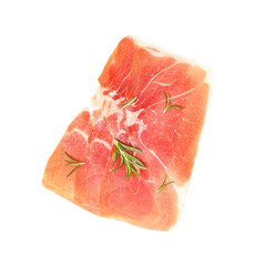 Slices of delicious ham with rosemary isolated on white background