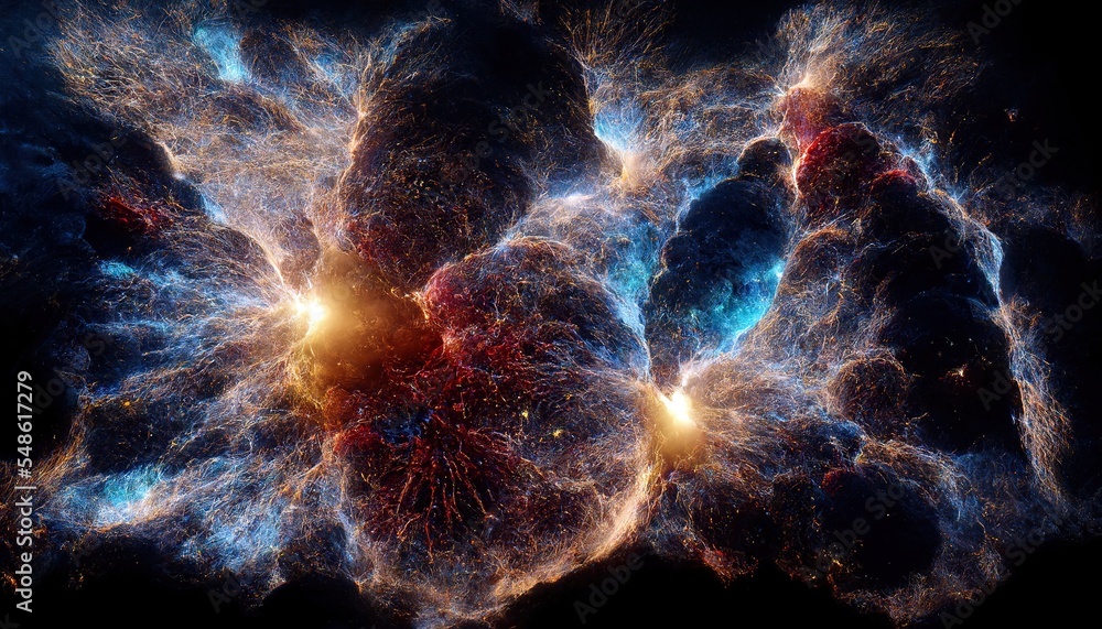 Poster fantastic outer view with realistic bright stars and cluster of gas clouds background. universe with