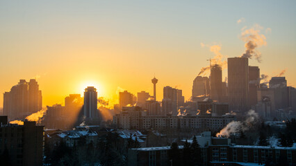 Winter sunset over downtown Calgary skyliine