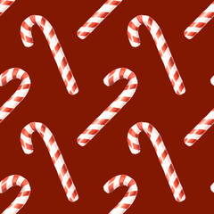 Christmas candy canes on red background. Seamless pattern