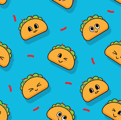 Cute  Kawaii cartoon contrast vector Mexican tacos pattern on dark background. Nice bright Fast food pattern for textile, cafe and restaurant wrapping paper, covers, banners, background, wallpaper