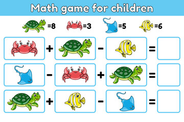 Math educational game for children. Teaching addition and subtraction. Learning to count. Educational task for preschool and school. Sea animals vector illustration.