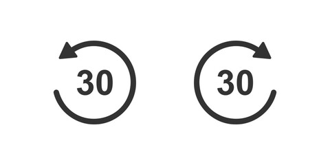 30 seconds rewind and fast forward icons with circle arrows. Round repeat and next buttons isolated on white background. Audio or video player playback elements. Vector graphic illustration