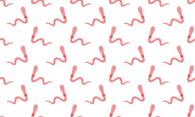 Cute worm characters seamless pattern. Earthworms with smiling faces background. Vector cartoon illustration.