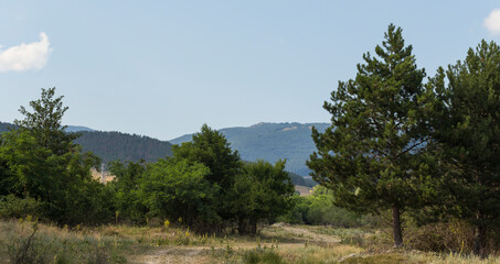 Panoramic terrain of southern Europe. Landscape of Bulgaria-mountains, fields, flora.