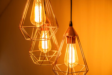 Hanging vintage light bulbs in brass fittings