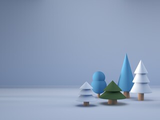 Minimal scene with pine trees. Green, blue shapes. For Christmas holiday winter concept and magazines, poster, banner. 3D rendering