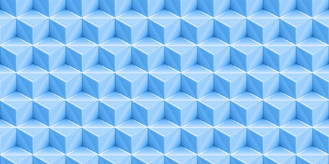 Tranquil blue shiny satin isometric cubes seamless background texture. Cute kidult abstract 2023 color trend fashion backdrop. Kid's room textile pattern or Baby boy nursery wallpaper. 3D rendering.