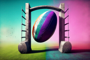 Abstract illustration of a successful outcome being achieved through the concept of a rugby passing through goal posts