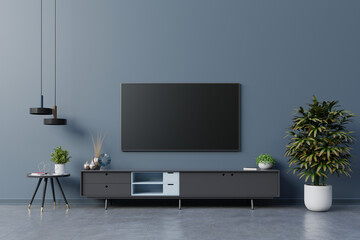 Led Tv On The Dark Blue Wall In Living Room,minimal Design.3d Rendering