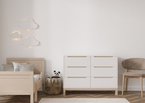 Empty White Wall In Modern Child Room. Mock Up Interior In Scandinavian Style. Copy Space