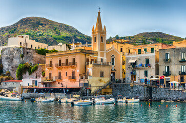 View Of Marina Corta, Smaller Harbour In The Main Town Of Lipari, Aeolian Islands, Italy
