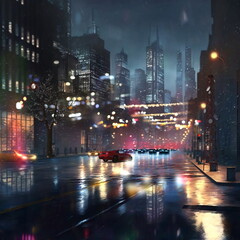 Naklejka premium Night city blurred light car traffic people with umbrellas rain drops in rainy Christmas town urban scene