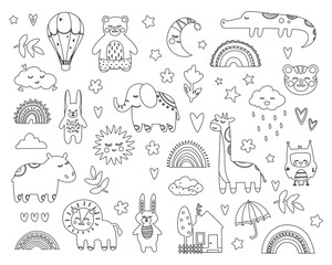 Baby line icons set. Collection of stickers for social networks and messengers. Elephant, hippopotamus and hare. Sun, lion and owl. Cartoon flat vector illustrations isolated on white background