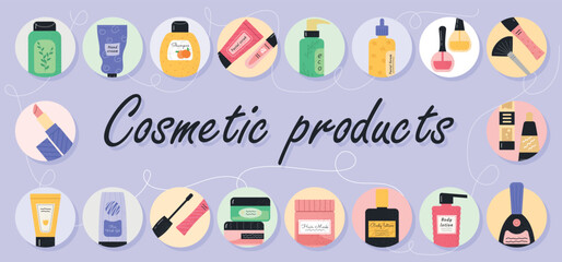 Beauty cosmetic banner. Collection of varnishes, gels and sprays. Skin care, beauty, hygiene and health. Poster or banner for website. Cartoon flat vector illustrations isolated on blue background