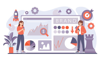 Brand online service. Girl on background of graphs and diagrams, colleagues and partners, analytics, infographics and work with information. Knowledge and information. Cartoon flat vector illustration