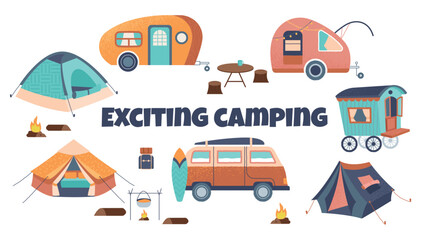 Fototapeta na wymiar Exciting camping set. Collection of stickers for social networks, graphic elements for website. Active lifestyle and travel, hiking. Cartoon flat vector illustrations isolated on white background