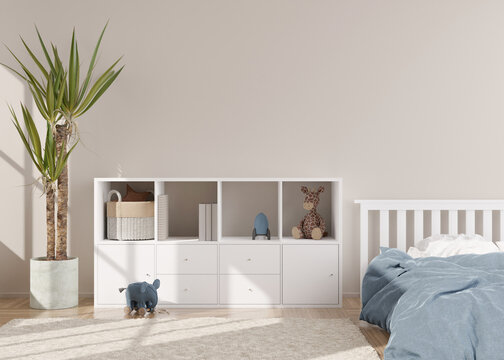 Empty Cream Wall In Modern Child Room. Mock Up Interior In Scandinavian Style. Free, Copy Space