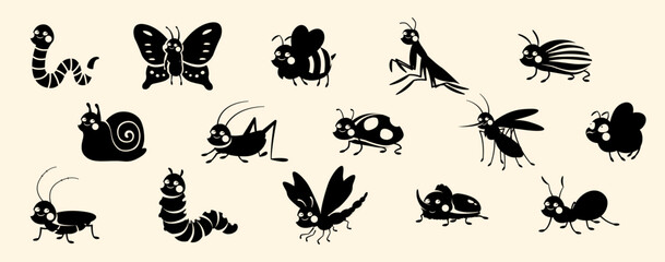 Insects black set. Collection of stickers for social networks and messengers. Caterpillar, snail and butterfly. Fauna and spring season. Cartoon flat vector illustrations isolated on beige background