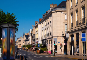 Street of Reims during daytime. City in department of Marne, Grand Est, France.