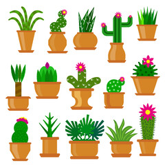 Cactus and succulent flat icon set. Different shapes of flowering cacti with prickles in flower pots. Green houseplant collection. Cartoon home blooming aloe vera isolated on white background