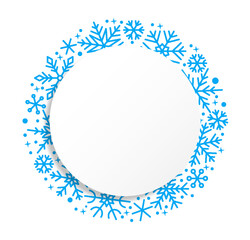Snowflake icy cold blue linear border. Merry Christmas and Happy New Year greeting card poster banner template. Winter time ornate ice star background. Copy space snow flakes frame. Xmas letter decor