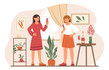 Celebration at home. Women with glasses with wine or juice in apartment, alcoholic drinks. Holiday, event and festival. Rest after work or study, entertainment. Cartoon flat vector illustration