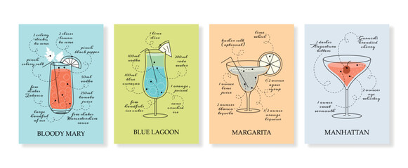 Cocktails banners set. Collection of graphic elements for sites, covers. Holiday and festival. Greeting and invitation card design. Cartoon flat vector illustrations isolated on white background