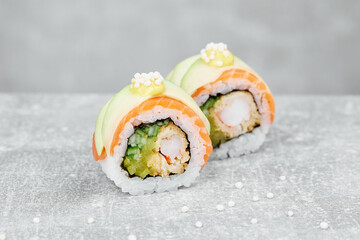 japanese sushi rolls close-up on a gray background