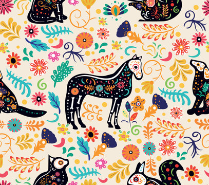 Dia de muertos seamless pattern. Repeating design element for printing on fabric. Symbol of holiday and festival, culture and traditions. Dead pets, cats and dogs. Cartoon flat vector illustration