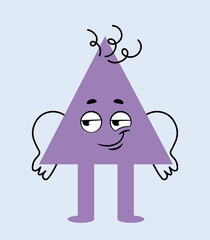 Violet triangle emoticon. Sticker for social media and reaction for messengers. Cunning character, toy or mascot for children. Label for students and notebooks. Cartoon flat vector illustration