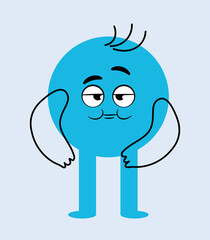 Blue circle emoticon. Strange and thoughtful character. Graphic element for printing on fabric. Minimalistic creativity and art. Emotions and facial expressions. Cartoon flat vector illustration