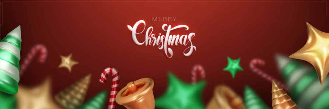 merry Christmas vector red background. 3d blur design christmas candy cane, bell, star and tree for greeting cards