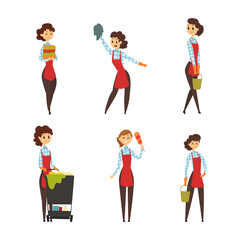 Female professional housekeeper with cleaning supplies cartoon vector illustration