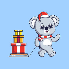 cute koala pulling a sled with christmas gifts