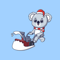 cute koala removing snow with snowblower