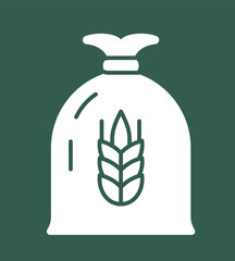 White farming icon. Simple sticker with bag of fresh ears of wheat. Dry straw or hay. Agriculture and harvest. Design element for web and print. Cartoon flat vector illustration on green background