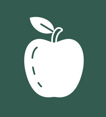 White farming icon. Sticker with delicious apple. Harvest of ripe fresh fruits. Agriculture or horticulture. Design element for social networks. Cartoon flat vector illustration on green background