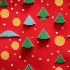 Fototapeta premium Christmas Wrapping paper - seamless / tileable - Felt Christmas trees on red backdrop, retro styling, indie felt design styling