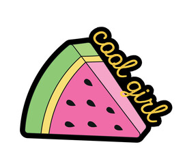 Fashion patch label. Cool badge with piece of juicy sweet watermelon and quote. Fruit with inscription. Design element for sticker and icon. Cartoon flat vector collection isolated on white background