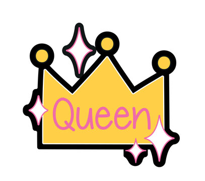 Fashion patch label. Funny sticker with golden crown and inscription queen. Retro badge for girls. Design element for social networks. Cartoon flat vector collection isolated on white background