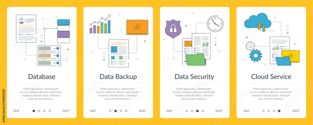 Poster thin line icon design with data sharing concept, backup, database, data security and cloud services.
