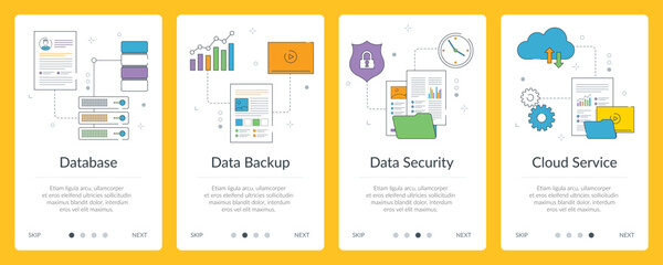 Thin line icon design with data sharing concept, backup, database, data security and cloud services. Internet banner layout with computer, server, chart, files and documents icons. 