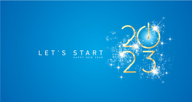 Start Of Happy New Year 2023 Golden White Shining Stars Rounded Typography Light Blue Background Banner With Turn On Button Icon