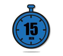 15 minutes timer clock icon flat design isolated on white background. Vector illustration in blue
