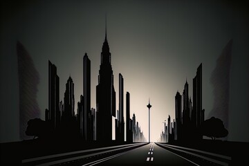 Road To City Skyscraper View Cityscape Background Skyline Silhouette With Copy Space