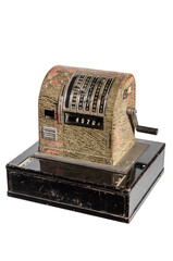 Old-time cash register in a shop. Isolated on white background.